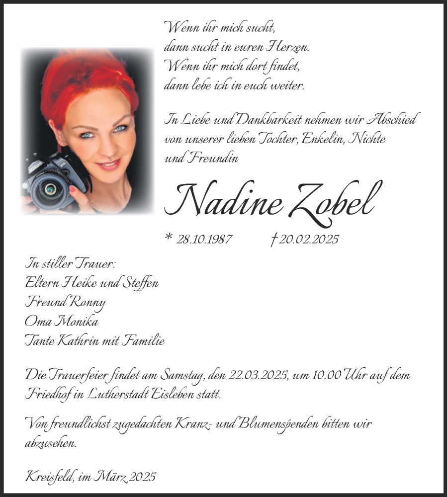  Traueranzeige für Nadine Zobel vom 08.03.2025 aus Trauerkombi Mansfelder Land