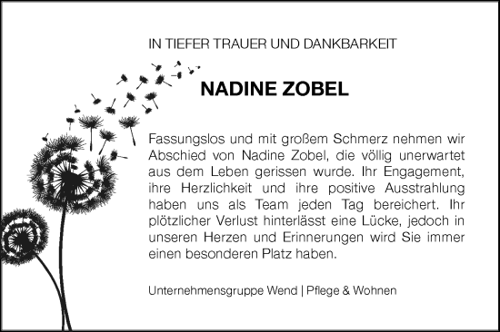 Traueranzeige von Nadine Zobel von Super Sonntag Mansfelder Land