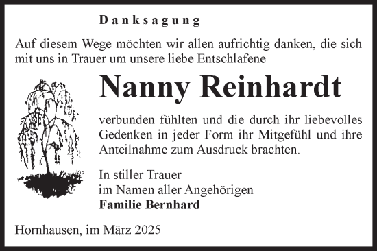 Traueranzeige von Nanny Reinhardt von Volksstimme Oschersleben/Wanzleben