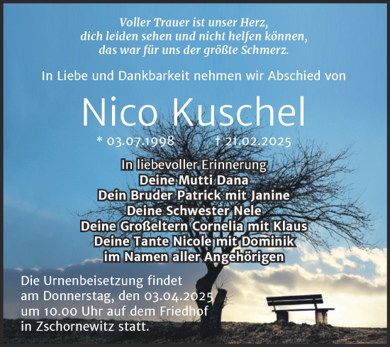 Traueranzeige von Nico Kuschel von Trauerkombi Wittenberg
