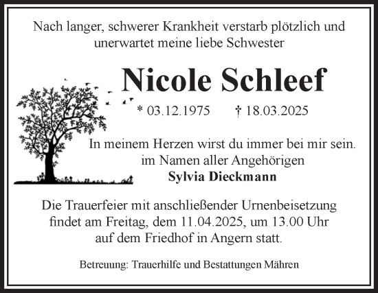 Traueranzeige von Nicole Schleef von Volksstimme Altmark West