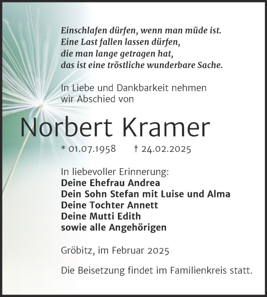 Traueranzeige von Norbert Kramer von Trauerkombi Weißenfels