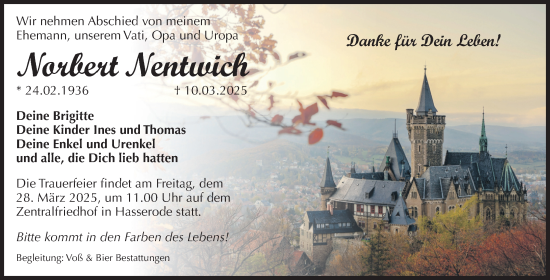 Traueranzeige von Norbert Nentwich von Volksstimme Wernigerode