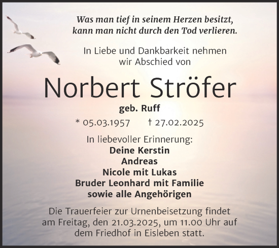 Traueranzeige von Norbert Ströfer von Trauerkombi Mansfelder Land