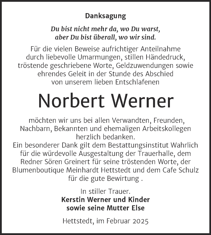  Traueranzeige für Norbert Werner vom 01.03.2025 aus Trauerkombi Mansfelder Land