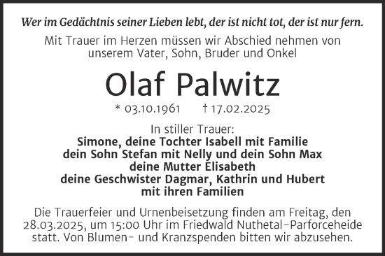 Traueranzeige von Olaf Palwitz von Trauerkombi Dessau