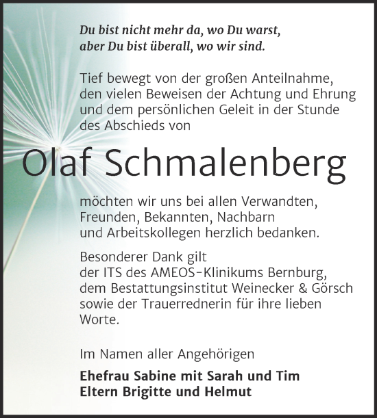 Traueranzeige von Olaf Schmalenberg von Trauerkombi Bernburg