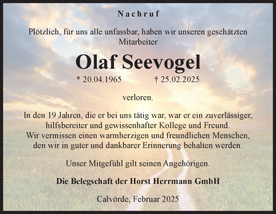 Traueranzeige von Olaf Seevogel von Volksstimme Haldensleben/Wolmirstedt