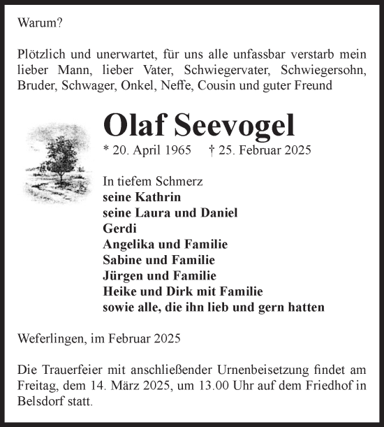 Traueranzeige von Olaf Seevogel von Volksstimme Haldensleben/Wolmirstedt