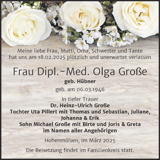 Traueranzeige von Olga Große von Trauerkombi Weißenfels