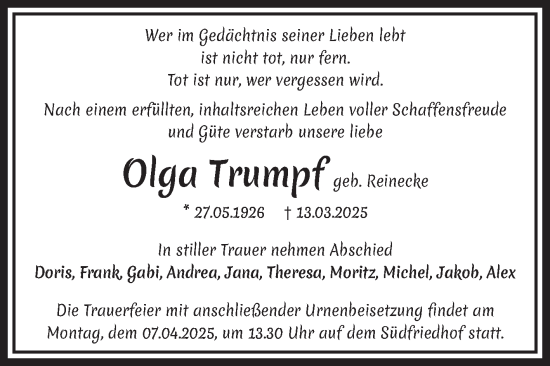 Traueranzeige von Olga Trumpf von Volksstimme Magdeburg