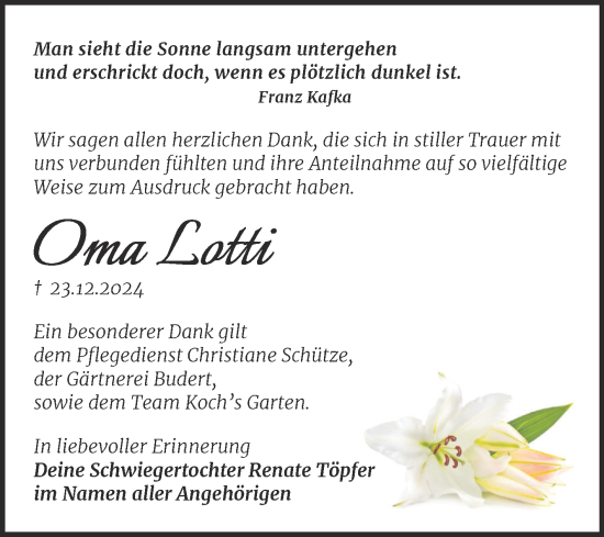 Traueranzeige von Oma Lotti von Trauerkombi Weißenfels