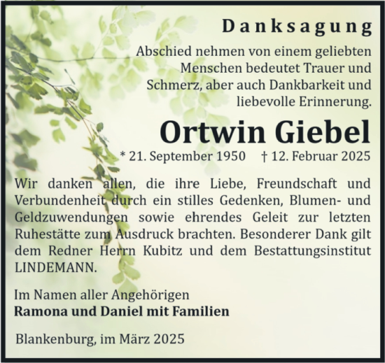 Traueranzeige von Ortwin Giebel von Volksstimme Wernigerode