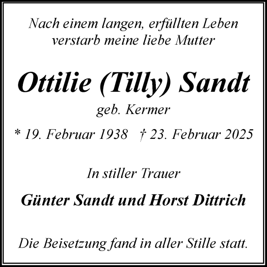 Traueranzeige von Ottilie Sandt von Volksstimme Altmark Ost