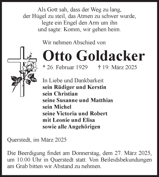 Traueranzeige von Otto Goldacker von Volksstimme Altmark Ost