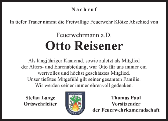 Traueranzeige von Otto Reisener von Volksstimme Altmark West
