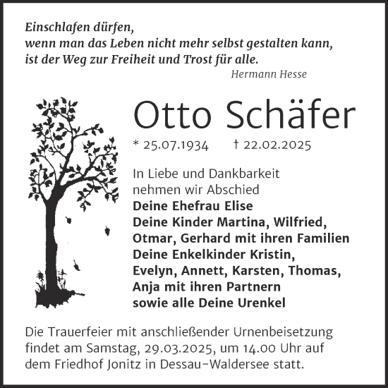 Traueranzeige von Otto Schäfer von Trauerkombi Dessau