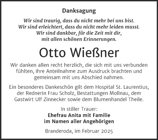 Traueranzeige von Otto Wießner von Trauerkombi Merseburg