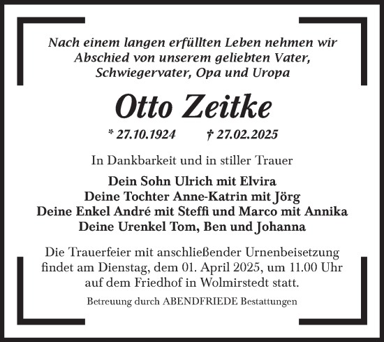 Traueranzeige von Otto Zeitke von Volksstimme Haldensleben/Wolmirstedt