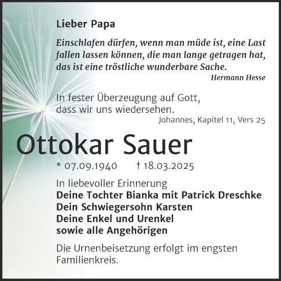 Traueranzeige von Ottokar Sauer von Trauerkombi Wittenberg