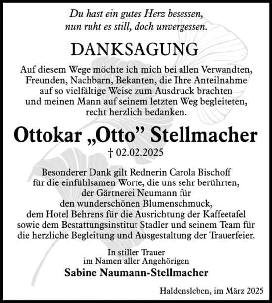 Traueranzeige von Ottokar Stellmacher von Volksstimme Haldensleben/Wolmirstedt