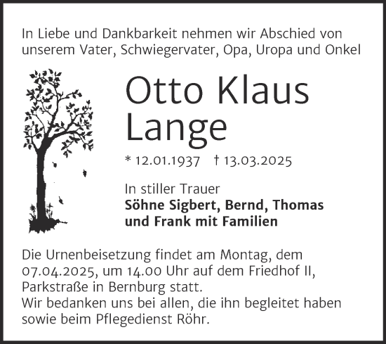 Traueranzeige von Otto Klaus Lange von Trauerkombi Bernburg