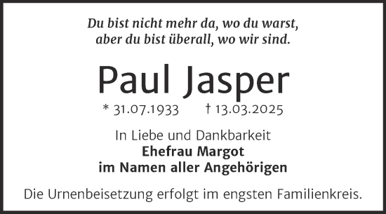 Traueranzeige von Paul Jasper von Trauerkombi Bernburg