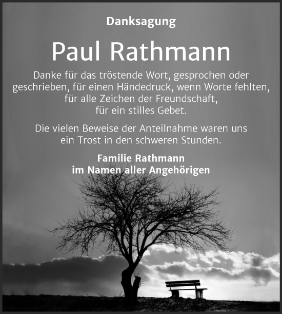Traueranzeige von Paul Rathmann von Trauerkombi Mansfelder Land