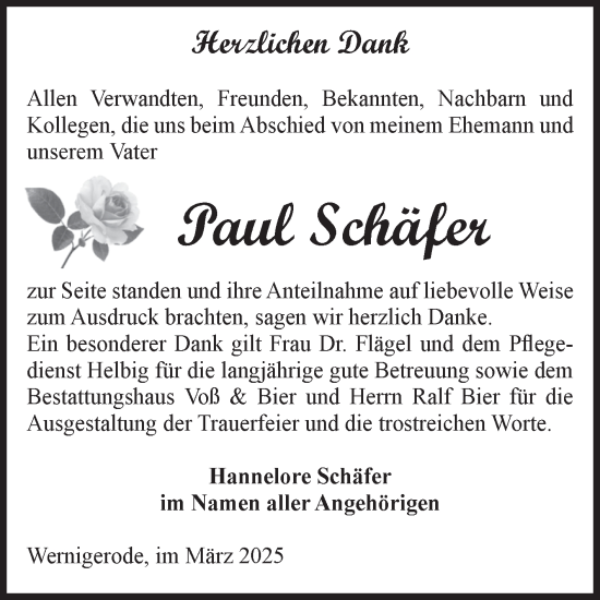 Traueranzeige von Paul Schäfer von Volksstimme Wernigerode