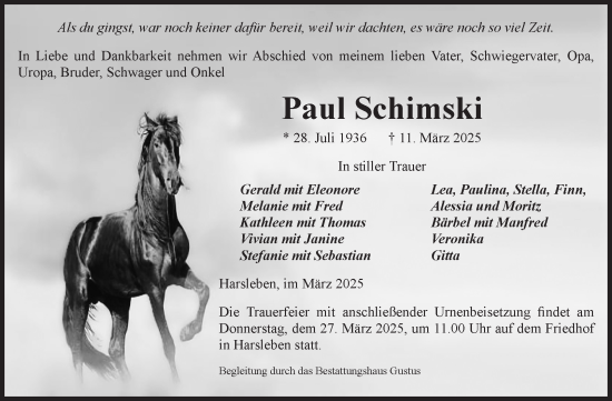 Traueranzeige von Paul Schimski von Volksstimme Halberstadt
