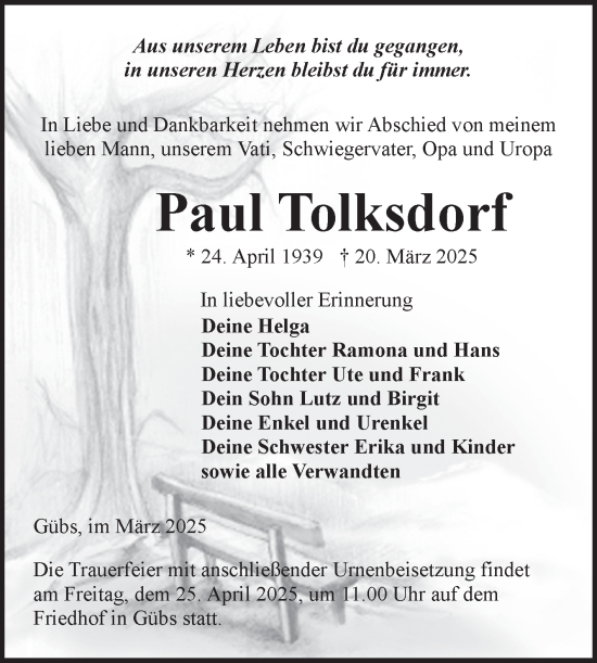 Traueranzeige von Paul Tolksdorf von Volksstimme Burg/Genthin