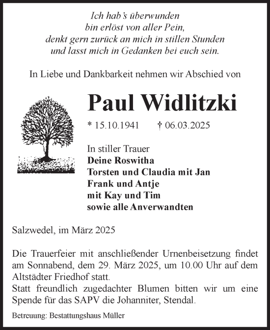 Traueranzeige von Paul Widlitzki von Volksstimme Altmark West