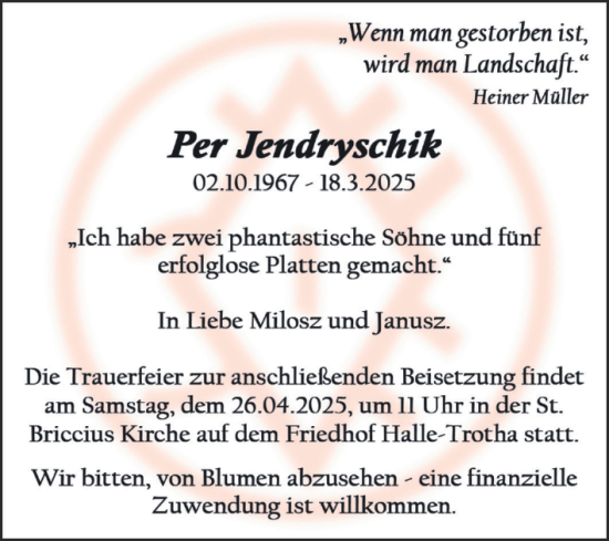 Traueranzeige von Per Jendryschik von Mitteldeutsche Zeitung Halle/Saalkreis
