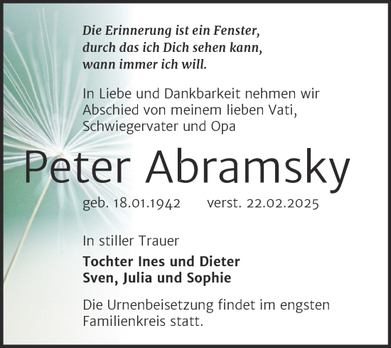Traueranzeige von Peter Abramsky von Trauerkombi Weißenfels
