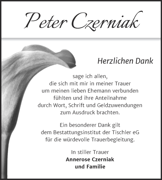 Traueranzeige von Peter Czerniak von Trauerkombi Wittenberg