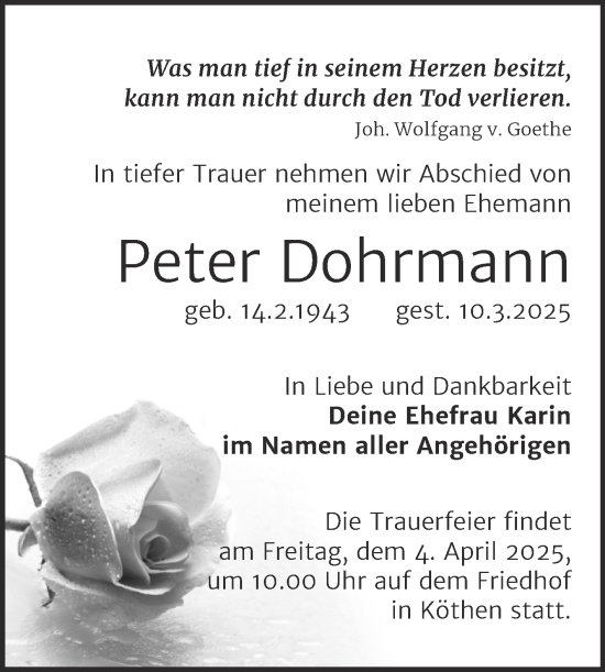 Traueranzeige von Peter Dohrmann von Trauerkombi Köthen