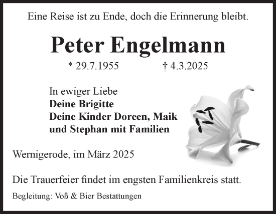 Traueranzeige von Peter Engelmann von Volksstimme Wernigerode