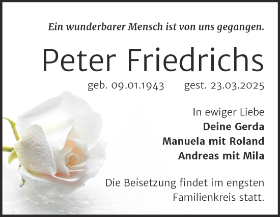 Traueranzeige von Peter Friedrichs von Trauerkombi Sangerhausen