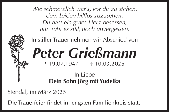 Traueranzeige von Peter Grießmann von Volksstimme Altmark Ost
