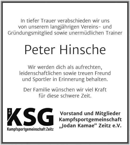 Traueranzeige von Peter Hinsche von Trauerkombi Zeitz