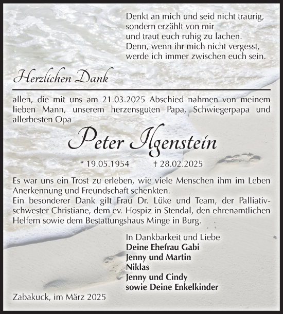 Traueranzeige von Peter Ilgenstein von Volksstimme Burg/Genthin