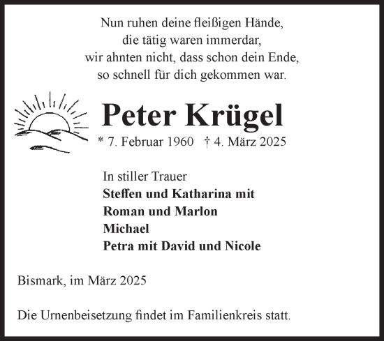 Traueranzeige von Peter Krügel von Volksstimme Altmark Ost