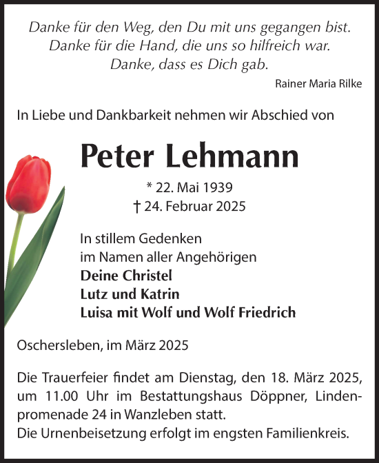 Traueranzeige von Peter Lehmann von Volksstimme Oschersleben/Wanzleben