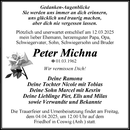 Traueranzeige von Peter Michna von Trauerkombi Wittenberg