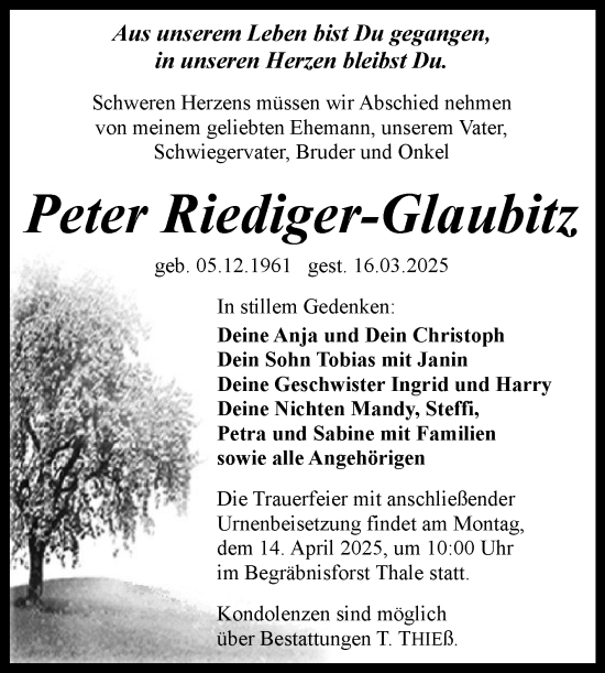 Traueranzeige von Peter Riediger-Glaubitz von Trauerkombi Quedlinburg