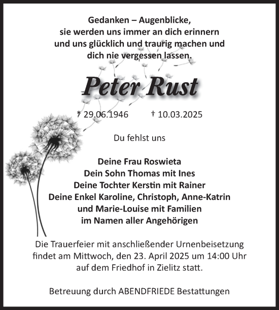 Traueranzeige von Peter Rust von Volksstimme Haldensleben/Wolmirstedt