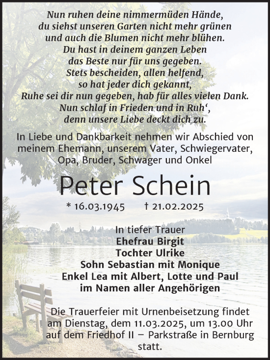 Traueranzeige von Peter Schein von Trauerkombi Bernburg