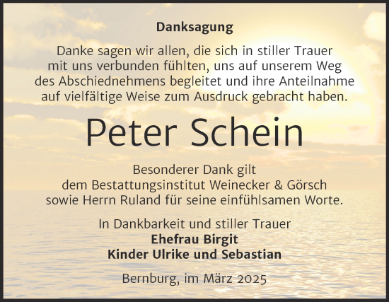 Traueranzeige von Peter Schein von Trauerkombi Bernburg