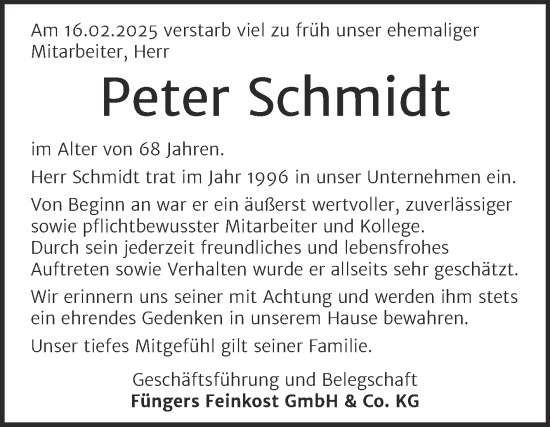Traueranzeige von Peter Schmidt von Super Sonntag Wittenberg