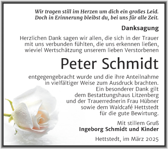 Traueranzeige von Peter Schmidt von Trauerkombi Mansfelder Land